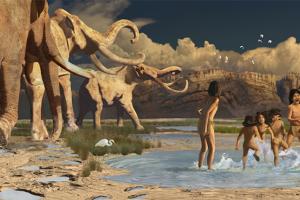 Native American children playing the puddles of water next to big mammals. 