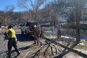 Firefighters clearing broken branches from residential area after storm passed through.