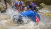 A group of people white water rafting down a river.