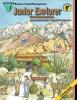 The cover of the Junior Explorer activity book for Dripping Springs Natural Area featuring two figures at a visitor center.