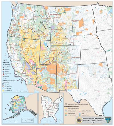 The cover of the BLM administrative boundaries for 2019 showing the land ownership and office boundaries