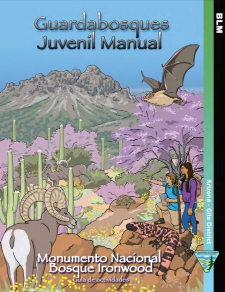 Cover of Junior Ranger Handbook for Ironwood National Monument in Spanish. Cover says Guardobosques Juvenil Manual.