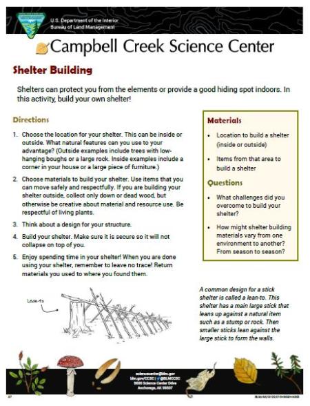 Nature Learning Shelter Building Activity sheet