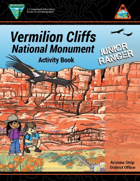 Cover of Vermillion Cliffs NM Junior Ranger Handbook which shows two children by a large wall of red rock and a condor flying overhead..