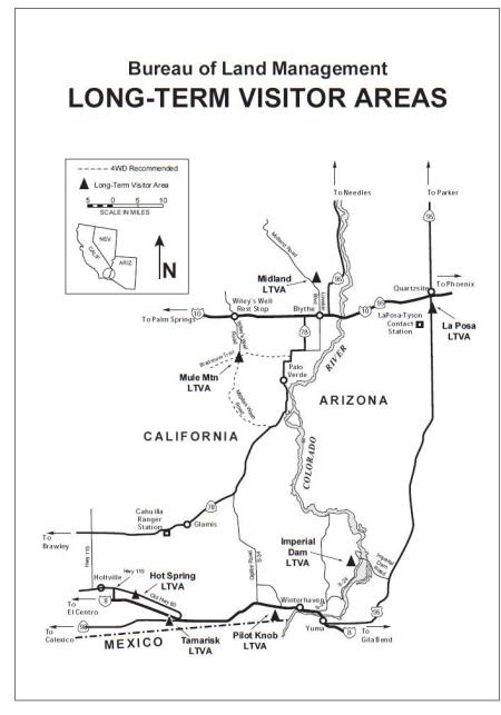 a map shows the location of long-term visitor areas in california and Arizona on both sides of the Colorado River