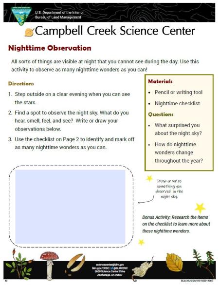 Nighttime Observation Activity sheet