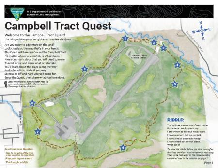 Campbell Tract Quest first page showing map of Campbell Tract and clue locations