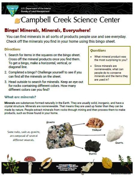 Screenshot of the Mineral BINGO Nature Learning Activity instructions