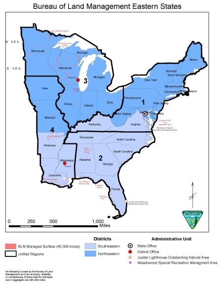 map of designated managed sufaces and office location in the eastern states. 