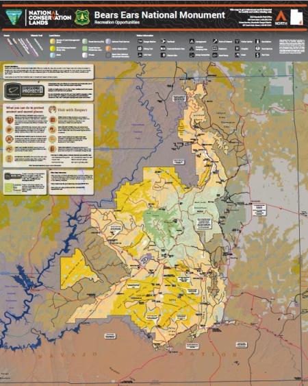 A map with large letters saying Bears Ears National Monument Recreation Opportunities