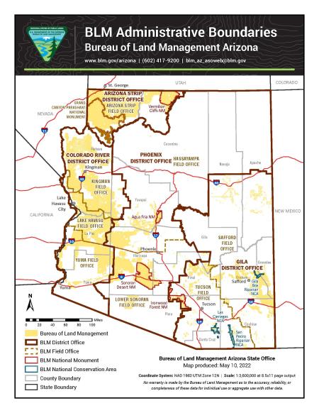 A map showing the four BLM Arizona Districts: Arizona Strip, Colorado River, Gila, and Phoenix