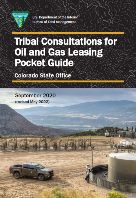 BLM Tribal Consultation Pocket Guide with a photo of a prairie with oil and gas activity happening.