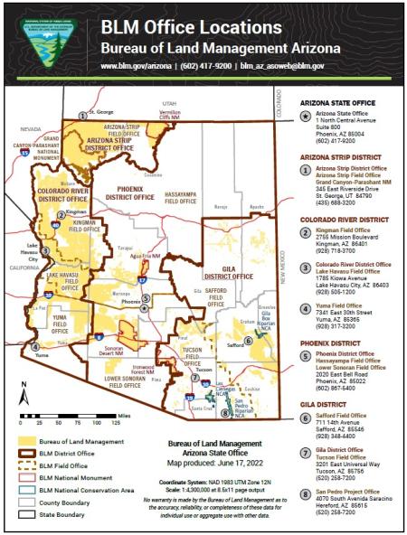 Map of Arizona with a list on the side of all BLM Arizona office Locations. Locations in the list are numbered and correspond with numbered locations on the actual map.