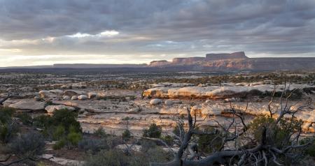 Grey, cloudy skies darken above a rocky landscape of canyons and mesas.