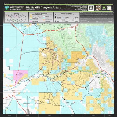 a map showing various transportation routes, jurisdictions and boundaries; and reference and topography of the Middle Gila Canyon Area