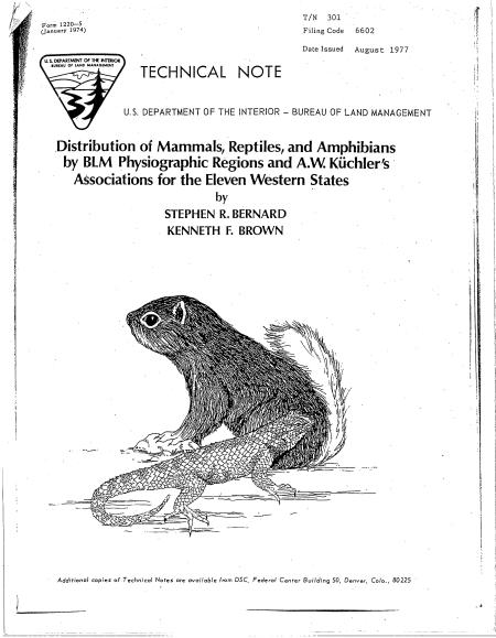 Distribution of Mammals, Reptiles, and Amphibians by BLM Physiographic Regions and A.W. Küchler's  Associations for the Eleven Western States cover