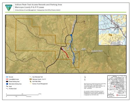 a map showing roads around the Vulture Peak Trail and a reroute to access the peak