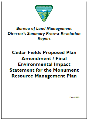 Cover page of the Cedar Fields Director's Summary Protest Resolution Report