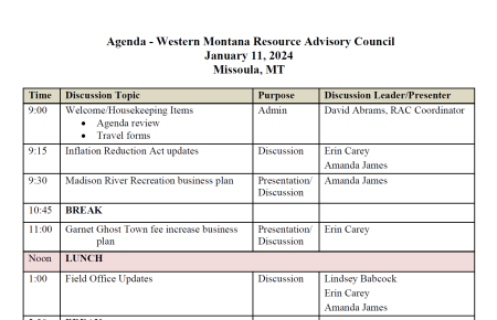 Agenda - Western Montana Resource Advisory Council January 11, 2024