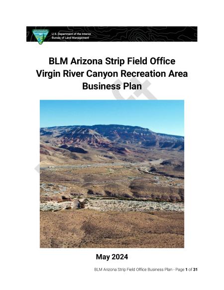 The cover of the BLM Arizona Strip Field Office Virgin River Canyon Recreation Area Draft Business Plan.