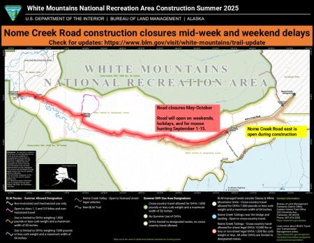 Map of Nome Creek Valley with the western portion of Nome Creek Road highlighted to show location of 2025 closures for construction.