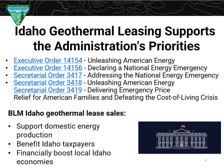 Idaho Geothermal Leasing Supports the Administration's Priorities