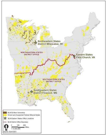 A map showing the eastern half of the United States. An east-west red line shows the boundary between the Northeastern and Southeastern States district offices of the BLM. Yellow parcels show BLM-managed subsurface mineral estate, and small dots of brown show BLM-managed lands. Stars indicate locations of the two district and one state office