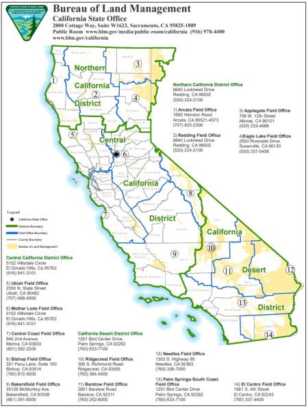 Map of lands managed by BLM California and office boundaries and contact information