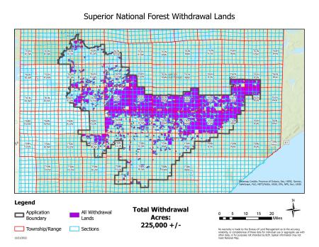 Map of Superior National Forest showing withdrawal lands in purple, with township and range grids, total area of 225,000 acres.
