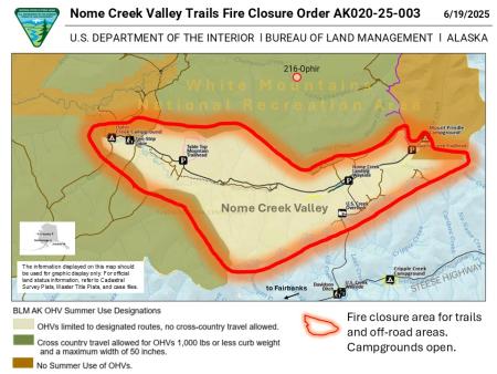 Thumbnail image of a map of the Nome Creek Valley showing the fire closure area