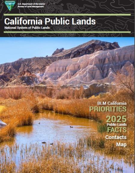Thumbnail of California Public Lands Brochure 2025 depicting a desert river with large landforms in the background.