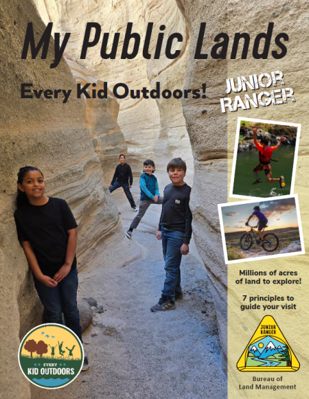 Junior Ranger book cover featuring 5 children posed in a slot canyon.
