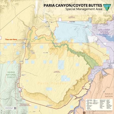 A map of the Paria Canyon–Coyote Buttes Special Management Area on the Arizona–Utah border. It shows major landmarks, trailheads, campgrounds, roads, and designated permit areas for Paria Canyon, Coyote Buttes North, and Coyote Buttes South. The map also displays nearby national monuments, wilderness areas, and surrounding public land jurisdictions.