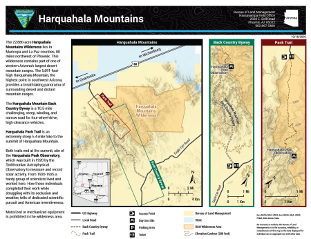 thumbnail of a handout showing the Harquahala Mountains Wilderness, pack trail, and back country byway