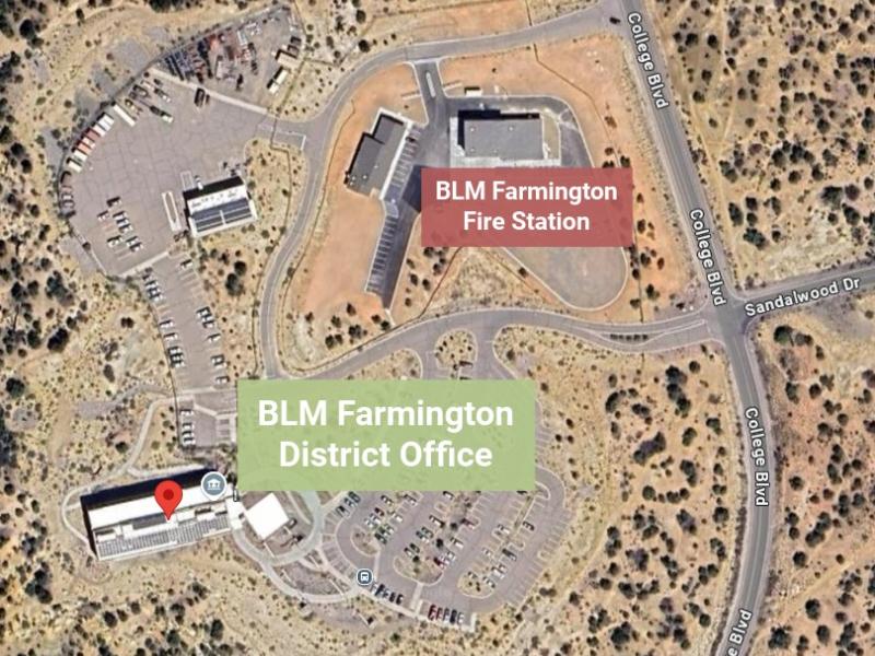 A birds-eye view of 2 separated nearby separated buildings, one labled "Farmington Fire Station" and one labled "Farmington District Office."