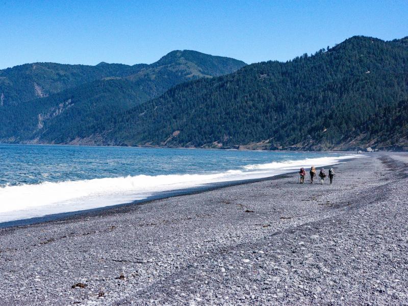 four hikers walk along beach near mountains and water on a blue bird day.