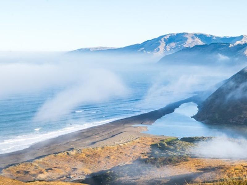 Fog descends on a mountainous beach.